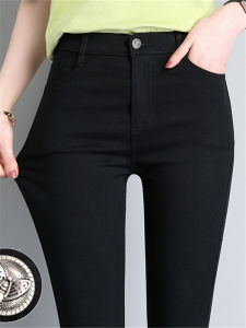 Black High-Waisted Elastic Fitted Autumn Spring Magic Pants Womens Base Layer Pencil Pants Long Trousers Regular Thickness