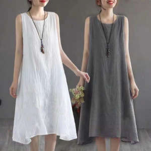 Summer New Womens Cotton Linen Sleeveless Vest Dress Mid-Length Slimming Tummy Covering Long Skirt Casual Loose Fit Fairy Skirt
