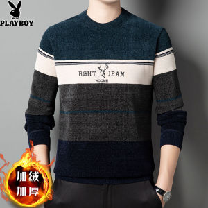 Mens Winter Thickened Fleece Lined Woolen Knitted Sweater Warm Fashionable City Casual round Neck Long Sleeve Top