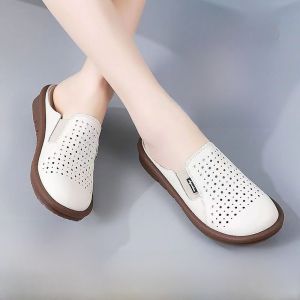 Leather Hollow out Mom Slip-On Sandals Womens Soft Bottom Anti-Slip Summer Outdoor Slippers Casual round Toe Flat Heel