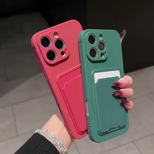Luxury Solid Color Card Bag Slot Holder Pocket Phone Case For iPhone 16E 15 14 13 12 mini 11 Pro Max XS XR X 7 8 Plus Back Cover