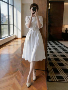 NIUVIES | French Style White Shirt Dress Waist Cinched