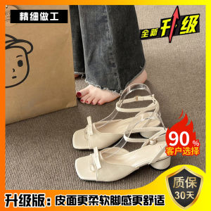 รองเท้าแตะส้นสูงหัวเหลี่ยมผูกโบว์สไตล์ฝรั่งเศสสำหรับผู้หญิงในช่วงฤดูร้อนปี 2025 รองเท้าแตะส้นสูงสีเงินแบบสวมหัวเหลี่ยมส้นหนา