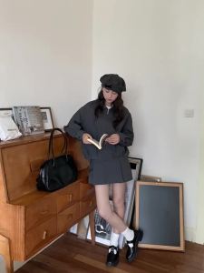 NIHAOKANONG | Bộ Đồ Hai Mảnh Thanh Lịch Màu Xám Có Cổ Bẻ