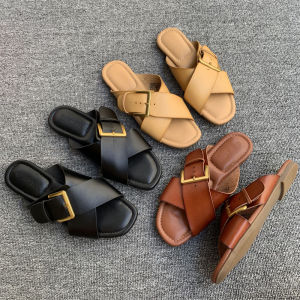Export Soft Leather Casual Buckle Slippers Summer New Arrival Retro Flat Bottom Artsy Cork Beach Outdoor Slippers