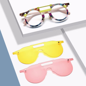 HEPIDEM Acetate Glasses Frame Men Brand Design Round Magnet Clip on Eyeglasses with Night Vision & Polarized Lens y2k 9393