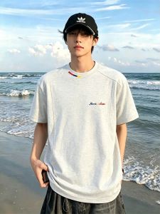 ZHUOCAN | White Grey Shoulder Fit Deconstructed Cleanfit T-Shirts