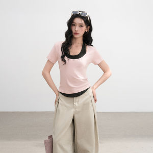 BAIDAIFEI | Pink Color Block Illusion Two-Piece Halter Straight Short Sleeve T-Shirt Slim Fit Irregular Waist Tuck Top