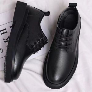 Spring Business Casual Leather Shoes Mens Slip-On Soft Bottom Anti-Slip Black Fashionable Single Shoes round Toe PU Material
