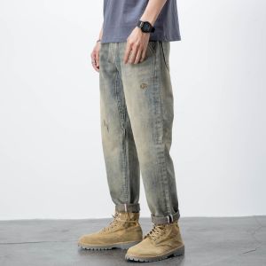 American Retro Denim Mens Trendy Yellow Mud Dyed Washed Distressed Loose Straight-leg Amekaji Spring and Autumn Pants