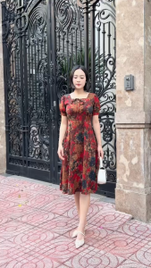 Đầm xòe họa tiết trung niên cổ vuông thắt nơ tay phồng có túi - GR0365 (HÌNH THẬT SHOP CHỤP VÀ QUAY VIDEO)