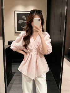XUECAIQI | New Summer Style Lace Waist-accentuating Graceful Pink Puff-sleeve Shirt