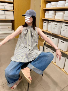 French Retro Stand Collar Striped Shirt for Women Summer Sweetness Sleeveless Lace-up Neckline Doll Blouse Loose Type
