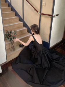 Elegant Black Strapless Dress Womens Summer High-end Slimming French Backless Gown Hepburn Style U-neckline Sleeveless