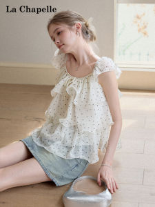 La Chapelle | Dot Pattern Layered Ruffles Petal Sleeves Shirt