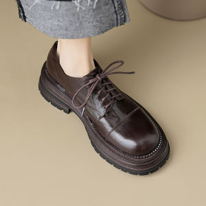 British College Style Thick Bottom Platform Loafers Womens Retro Genuine Leather Lace-Up Versatile Flats Spring Season Shoes