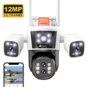 Camera IP Không Dây WiFi Ngoài Trời 6K 12MP Với 3 Ống Kính PTZ Tự Động Theo Dõi An Ninh Gia Đình Giám Sát Video CCTV Màu Trắng
