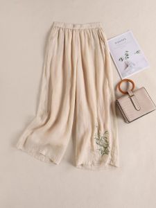 กางเกงขายาวทรงหลวมเอวสูง ผ้าลินินปักลาย กางเกงขายาวทรงตรงสำหรับผู้หญิง ฤดูร้อน 2025 กางเกงขายาวทรงเข้ารูป ทรงหลวม