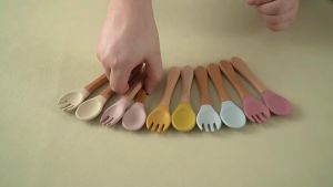 2PCS/Set Silicone Baby Spoon Fork Feeding Training Cutlery Wooden Handle Baby Utensils Children Care Tools Baby Tableware