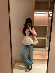 Luzai Light Blue Bell Bottom Jeans Womens Summer Slimming Straight Leg Jeans Casual Washed Natural Waist Zipper Closure