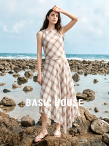 Basic House | Coffee Color Gingham Sleeveless Irregular Hem Round Neck Vest Dress