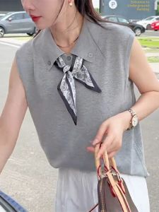 Shalldoer | Elegant Sleeveless Knitted T-Shirt Womens Loose Fit Versatile Summer Top Casual Style Flip Collar Comfortable Breathable