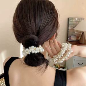 3pcs Korean white elegant imitation pearl flower hair rope coiled hair tie ponytail hair ring tie ball head elastic rubber band