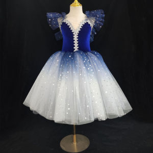 THEEPER Girls Long Starry Ballet Tutu Dress Velvet Tops Gradient Star Sequin Fluffy Skirt Fairy Ballet Dresses for Performance