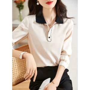 เสื้อยืดคอกลมแขนยาวทรงหลวมสไตล์เกาหลีสำหรับผู้หญิงในช่วงฤดูใบไม้ผลิปี 2024 เสื้อผ้าทำงานสไตล์เรโทรสีบล็อก