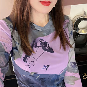 เสื้อยืดแขนยาวพิมพ์ลายหมึกน้ำสไตล์จีน ทรงสลิมฟิต ผ้าตาข่ายบาง เสื้อชั้นในแฟชั่น เสื้อผ้าทำงานสไตล์เกาหลี ฤดูใบไม้ร่วง 2024