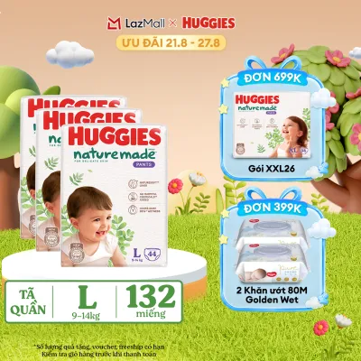 [17-24.08 QUÀ TẶNG ĐƠN 399K] Combo 3 Tã/Bỉm quần HUGGIES PLATINUM NatureMade L44 (9-14kg)-Gói Jumbo 44 miếng
