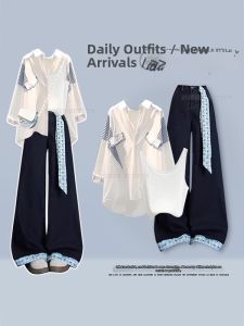 NUMEN BUTTON | Plus Size Spring and Summer Office Wear Korean Style Set Shirt Camisole Denim Trousers Three-Piece Set
