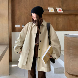 Khaki Casual Vintage Workwear Style Womens Jacket Mid-Length Outerwear Loose Fit Korean Style Commute Pure Color Long Sleeve