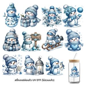 12 ชิ้นสีน้ําคริสต์มาส Snowman UV DTF Transfer ชุดสติกเกอร์ กันน้ํา UV Cup Wrap สําหรับขวดคริสต์มาสห่อของขวัญ