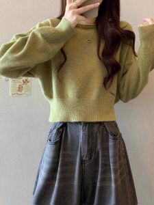 Cozy Short Knitted Sweater Womens Spring Autumn Fashion Retro Lazy Style Bottoming Shirt Small Size Inner Wear Top