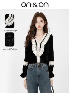 ON&ON | French Retro Ruffled V-Neck Color-Blocking Velvet Top