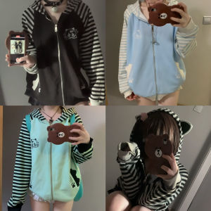 Áo Khoác Dài Tay Có Mũ Trùm Đầu Họa Tiết Sọc Dễ Thương Phong Cách Nhật Bản Chú Mèo Cuddle up Áo Khoác Ngắn Cho Nữ Mùa Thu