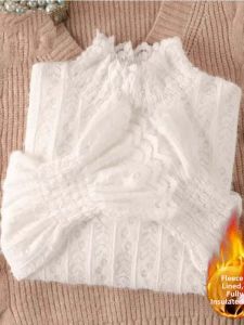 chaqi | Fleece Lined Long Sleeve Half High Collar Autumn Winter New Style Base Shirt Slim Fit Fashionable Inner Wear Warm Top Lace Design