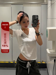 Loose Short Sleeve V-Neck Basic Style Womens T-Shirt American Retro Back Letter Print Casual Summer Top for Young Women