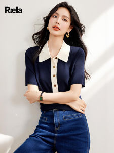 puella | Summer New French Style Color-blocked Polo Collar Slim Fit Short-sleeved Shirt