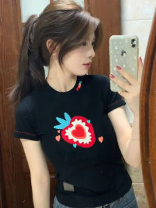 Áo Thun Tay Ngắn Thêu Hình Quả Dâu Tây Dễ Thương Áo Thun Cotton Mùa Hè Áo Thun Nữ Áo Thun Ngắn Áo Thun Ôm Vừa Vặn