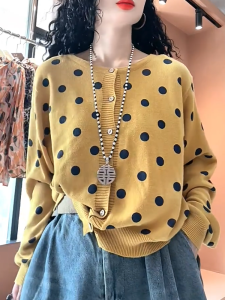 QINGNAER | Color-blocked Dots Knit Cardigan