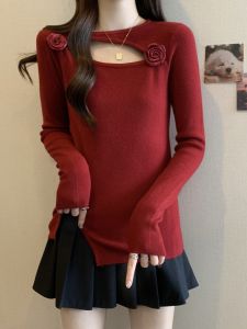 เสื้อชั้นในถักแขนยาวสีแดงสำหรับผู้หญิง ฤดูใบไม้ผลิและฤดูใบไม้ร่วง ไซส์ใหญ่ ลายดอกไม้สามมิติ เสื้อชั้นในสุดเก๋