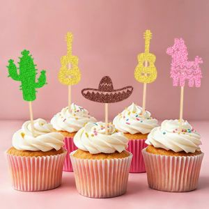 YOMDID 24Pcs Mexican Fiesta Cupcake Toppers Glitter Cake Toppers Sombrero Guitar Cactus Pony Picks for Summer Party Decorations