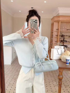 Áo Len Cardigan Dệt Kim Ren Kiểu Pháp Cho Nữ Cổ Chữ V Ôm Vừa Vặn Thời Trang Xuân 2025 Áo Sơ Mi Nhỏ Kiểu Pháp Chất Lượng Cao Cấp