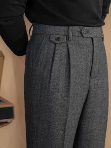Retro British Style Herringbone Wool Trousers