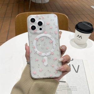 CrashStar MagSafe Small Floral Flower Fashion Transparent Soft Phone Case For iPhone 15 14 Pro Max Plus 13 12 11 Pro Max Wireless Charging Phone Casing Shockproof Cover Shell With Full Cover Lens Camera Protection