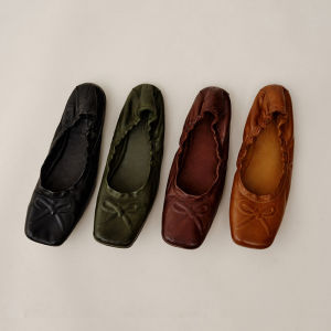 Le Murmure Womens Ballet Flat Shoes Autumn New Washed Horse Skin Accordion Fold Egg Roll Shoes Casual round Toe Flat Heel