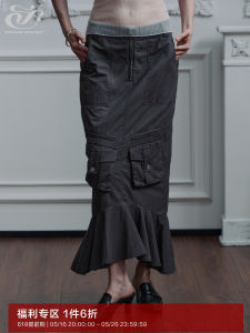 Washed Casual Pocket Womens Long Skirt Retro Misty Grey Immune System Street Style Low Waist Cotton 100% Summer Skirt