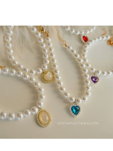 Kitty Pearl Necklace Gem Heart Pendant Retro Crystal Dog Cute Collar Pet Necklace Decorations